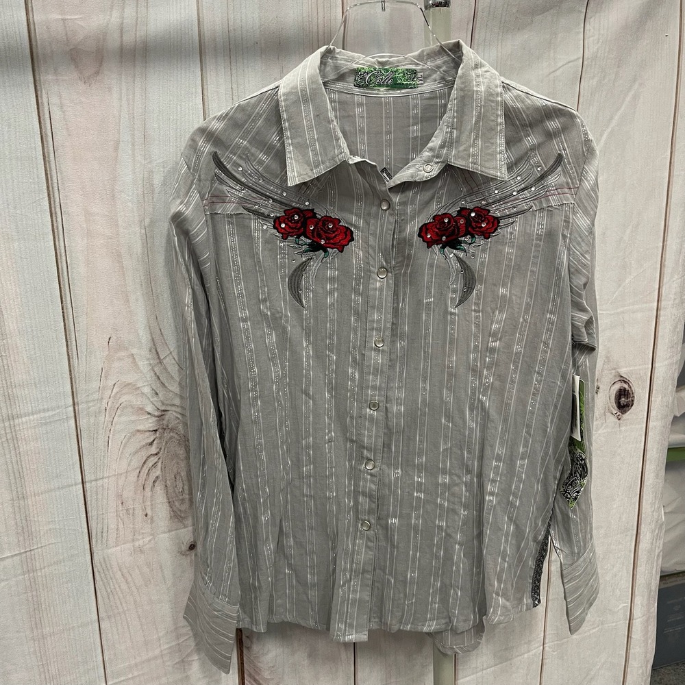 Vintage Celle Womens Gray Striped Rose Winged Cross Western Pearl Snap Shirt XL